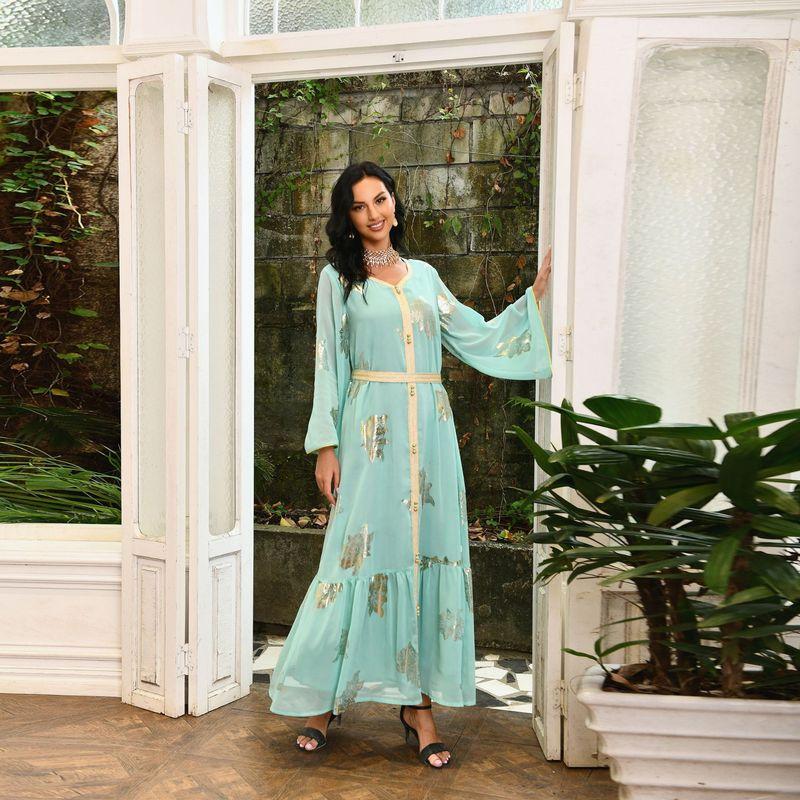 New Arrival New Ethnic Style Fashion Bronzing Chiffon Plus Size V Neck Dress Gilding Chiffon Dress