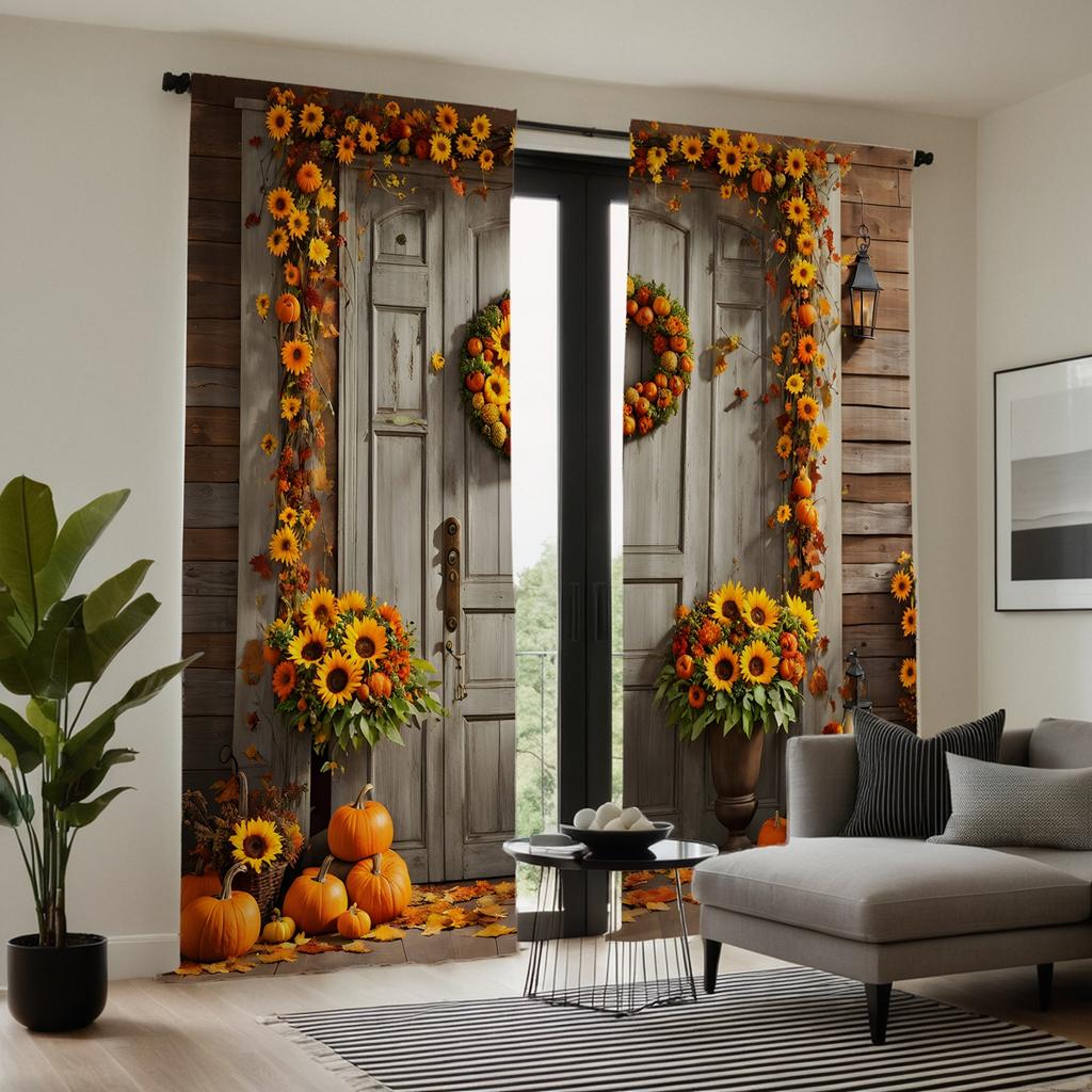 2pcs HD Harvest Festival Sunflower Garland Wooden Door Pumpkin Curtain Yellow Tie Digital Printed Curtain Home Decor Style De