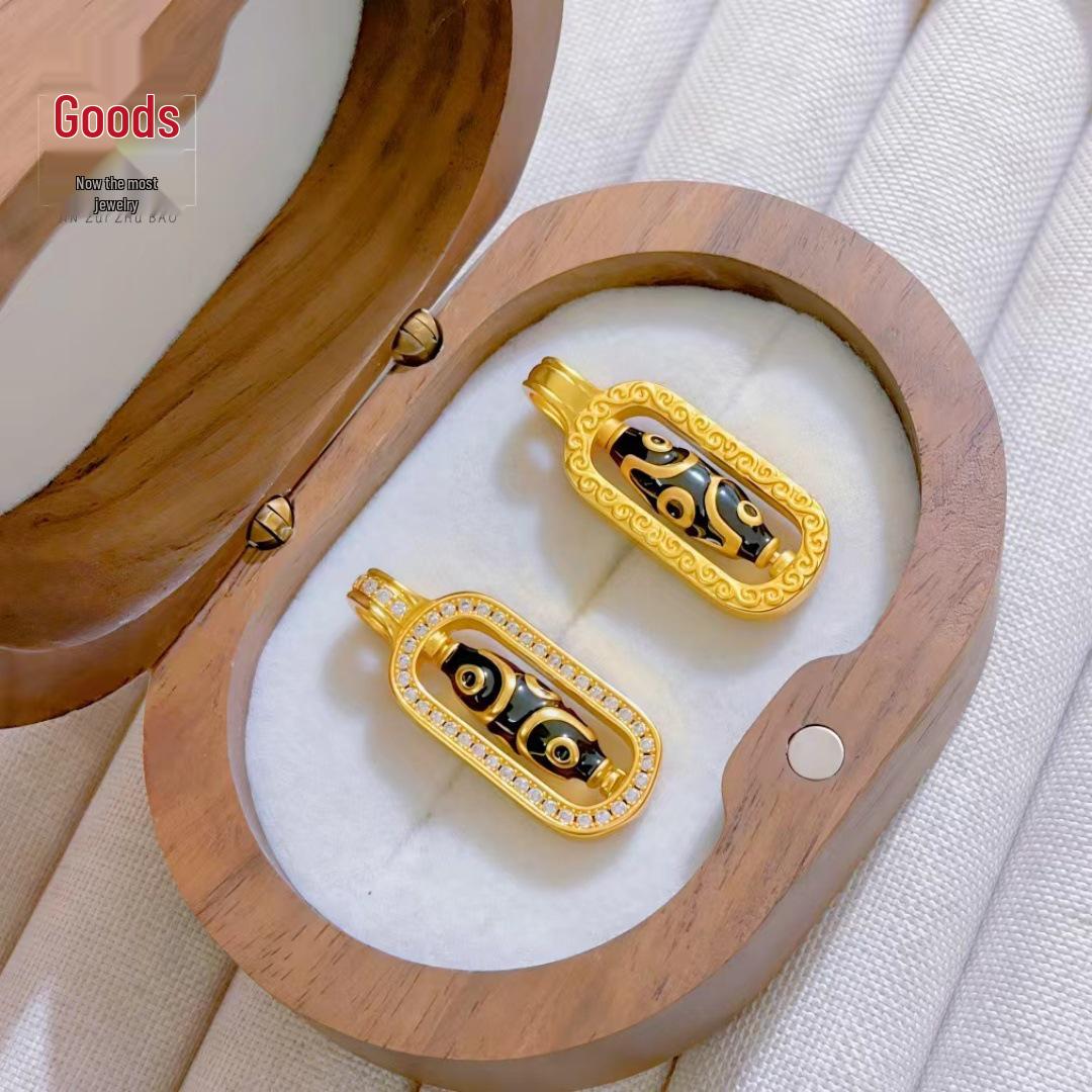 Gold Shop Style Rotatable Sand Gold Nine-Eyed Dzi Vajra Pestle Pendant Necklace with Rhinestones - Perfect Gift for Girlfriend