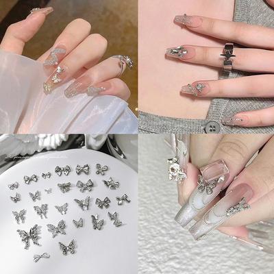 10Pcs Diy Nail Art Decoration 3D Silver Butterfly Shiny  Nail Drills For Manicure Design Accessory
