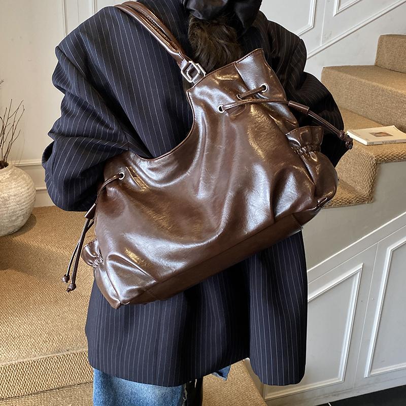Large Capacity PU Tote Bag Women Fashion Shoulder Bag With Drawstring Detail Soft Texture Handbag Everyday Use