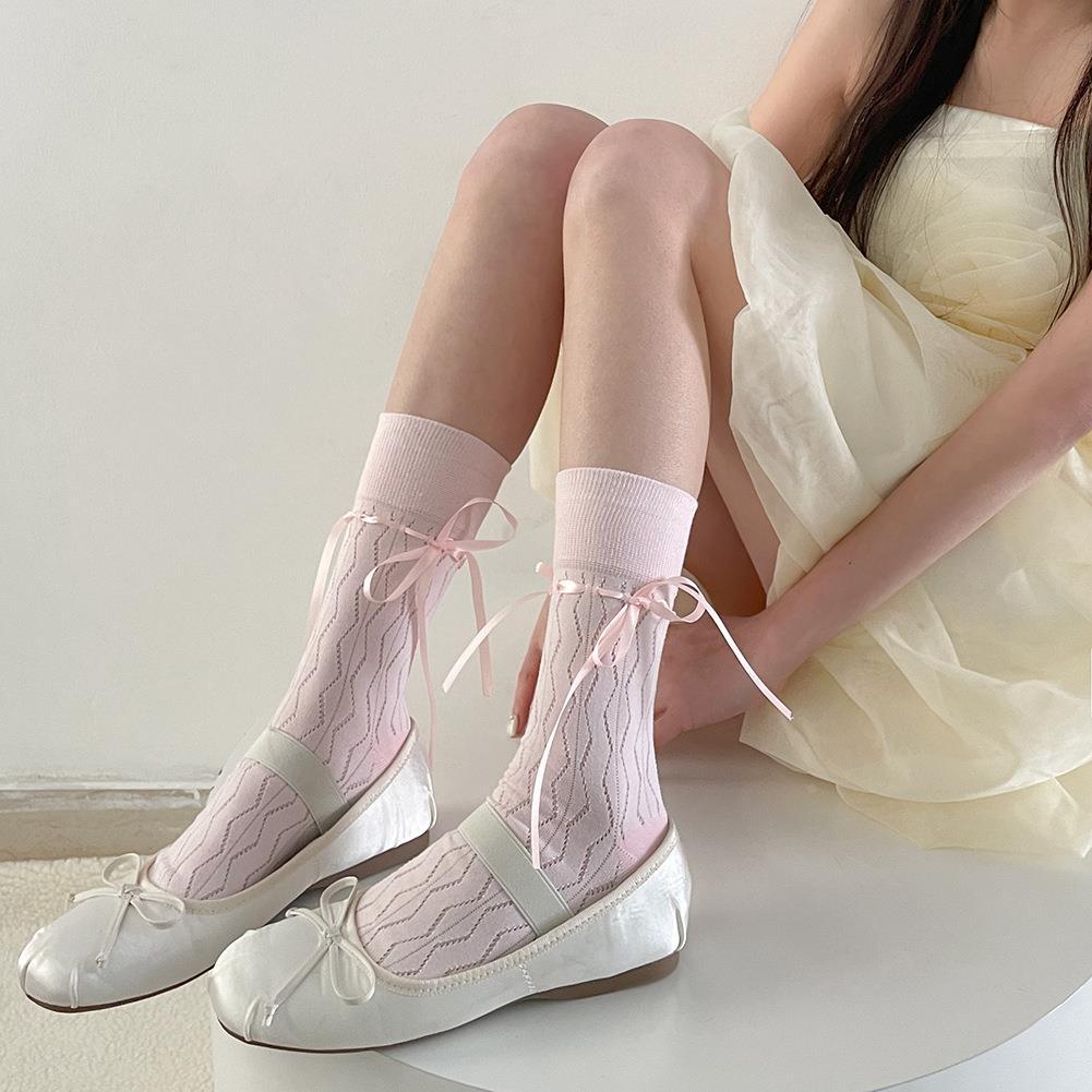 Socks Women Bow Straps Hollow Solid Color Spring and Autumn Ballet Socks Middle Tube Ribbon Casual Socks for Women