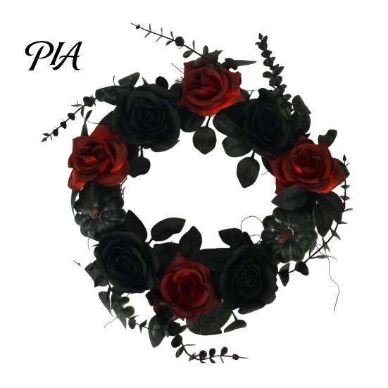 Rustic Farmhouse Seasonal Accents Halloween Wreath for Front Door, Artificial Fall Maple Leaf Rose Pumpkin Vintage Dark Aesthetic Party Supplies
