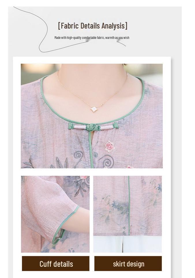 Stylish Chinese Mid-Sleeve Top for Women - Printed, Loose Fit, Petite, Round Neck, Mid-Aged & Elderly Summer Shirt