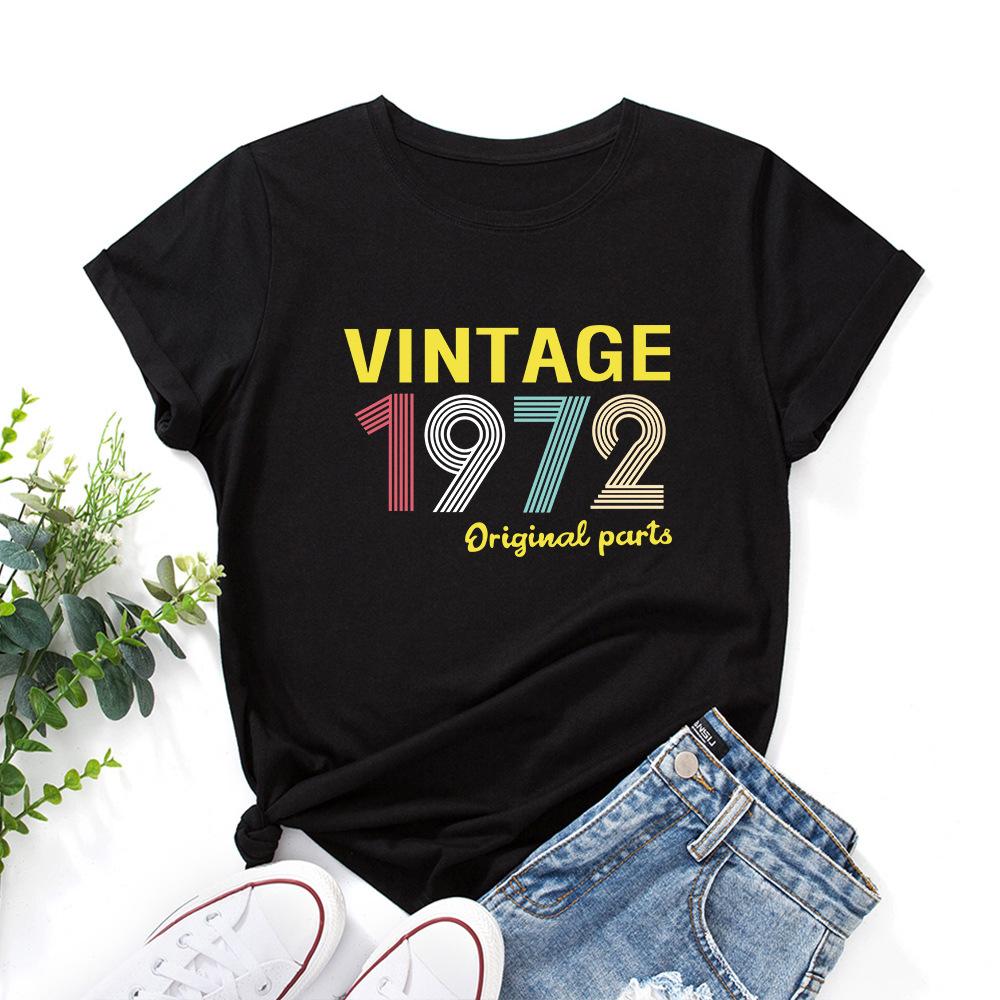 1972 Vintage Alphabet Cotton T-Shirt Short Sleeve Round Neck Women 2d Print Tops