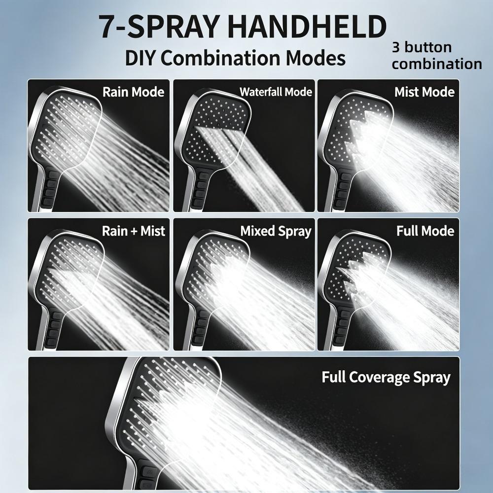 Large Panel Shower Head 7 Adjustable Modes High Pressure Boost One Click Shut Off with 1.5M Hose and Wall Bracket Set