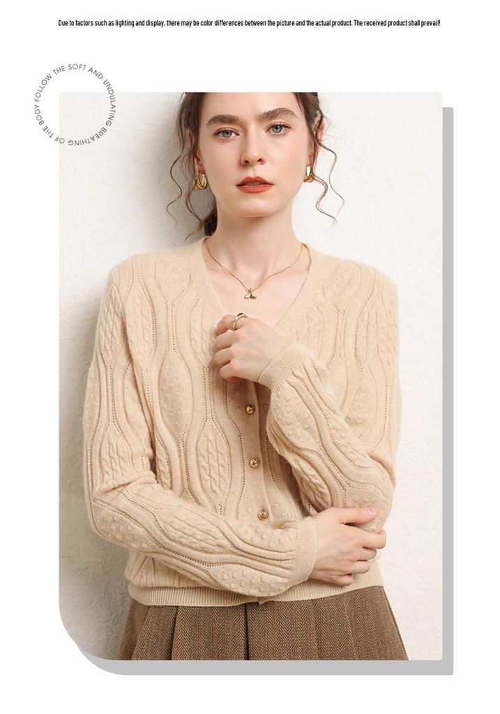 2024 Autumn/Winter Slimming V-Neck Hollow Knit Cashmere Cardigan