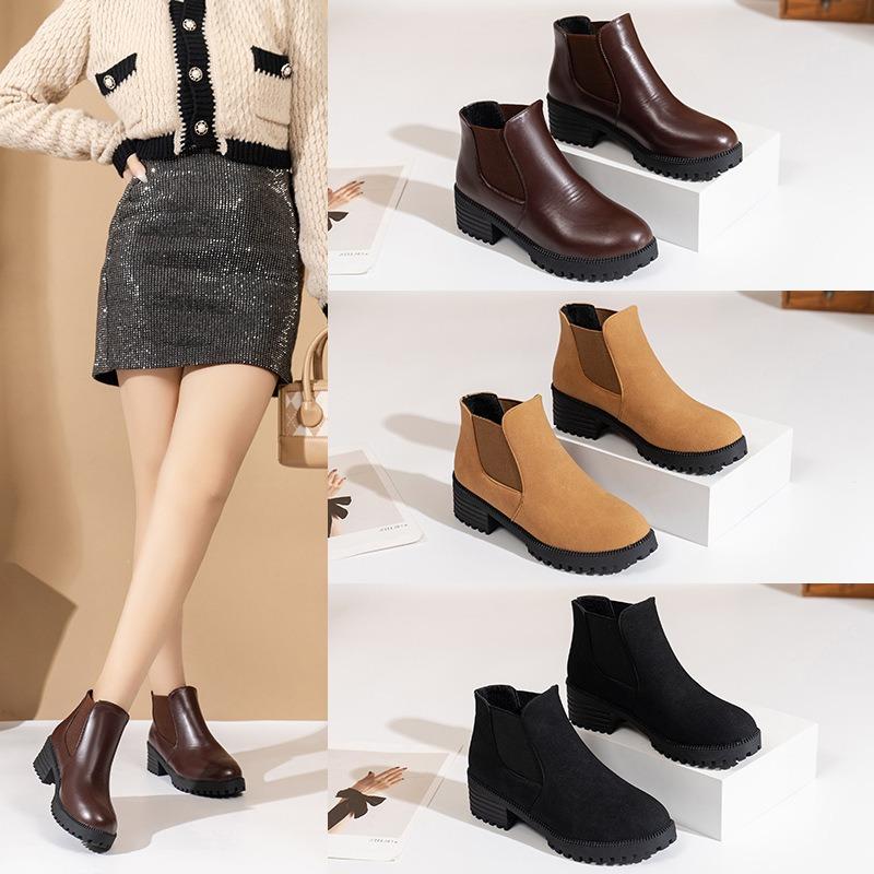 Autumn and Winter New Elastic Band Thick Heel Short Martin Boots Women's Cross-border Round Head Thick Heel Casual Fashion Leather Boots