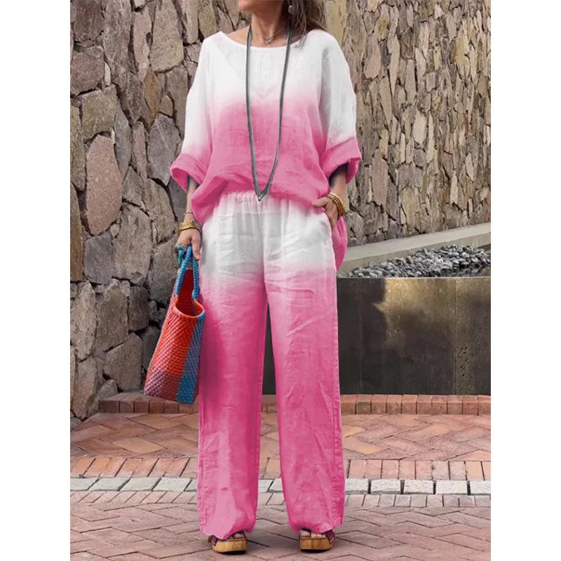Women's Loose Fit Two-Piece Outfit Set 3/4 Sleeve Boat Neck Top High Waist Wide Leg Pants