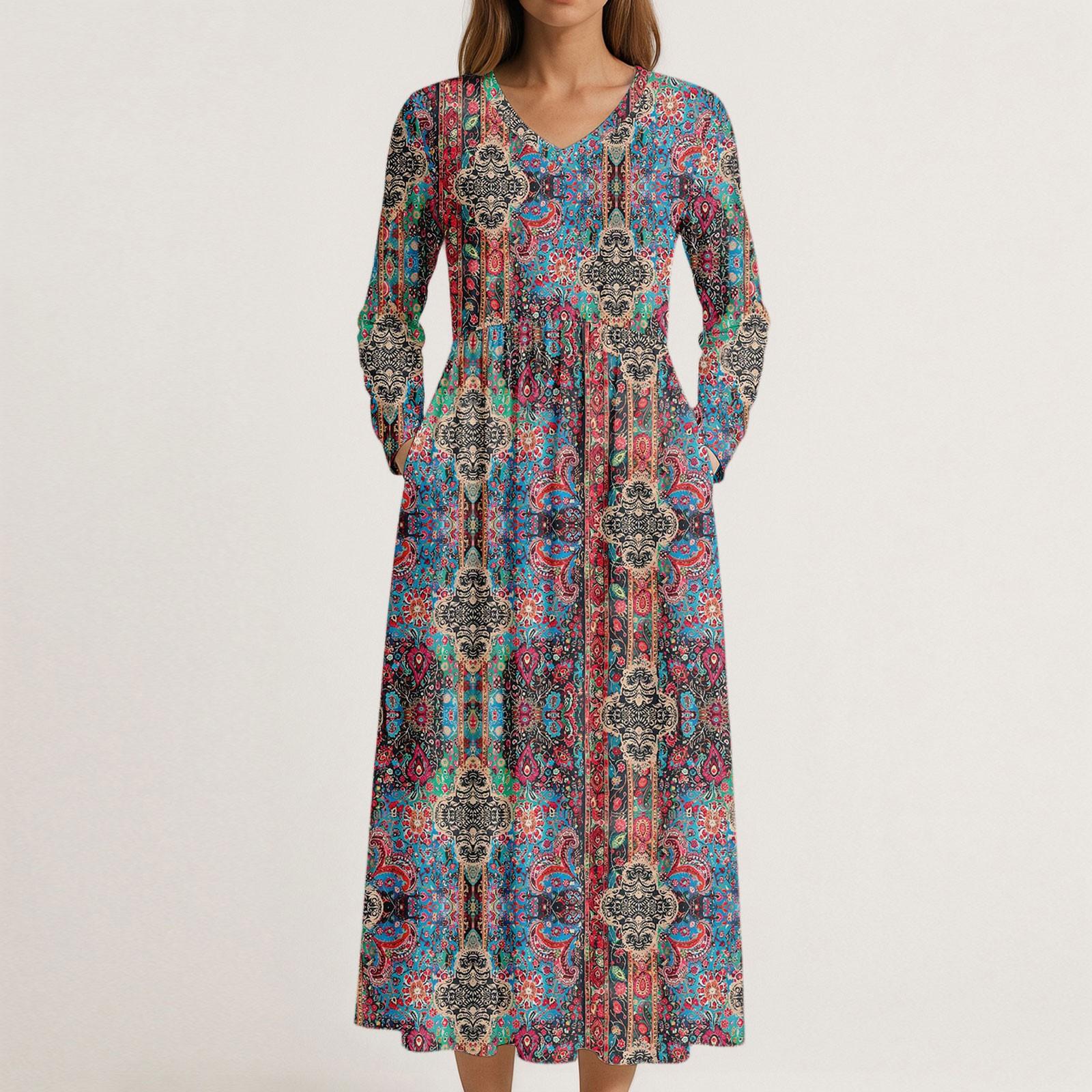 

Dress For Women Long Boho Beach Dress Elegant Maxi Dress V-Neck Long Sleeve Dress With Pockets L