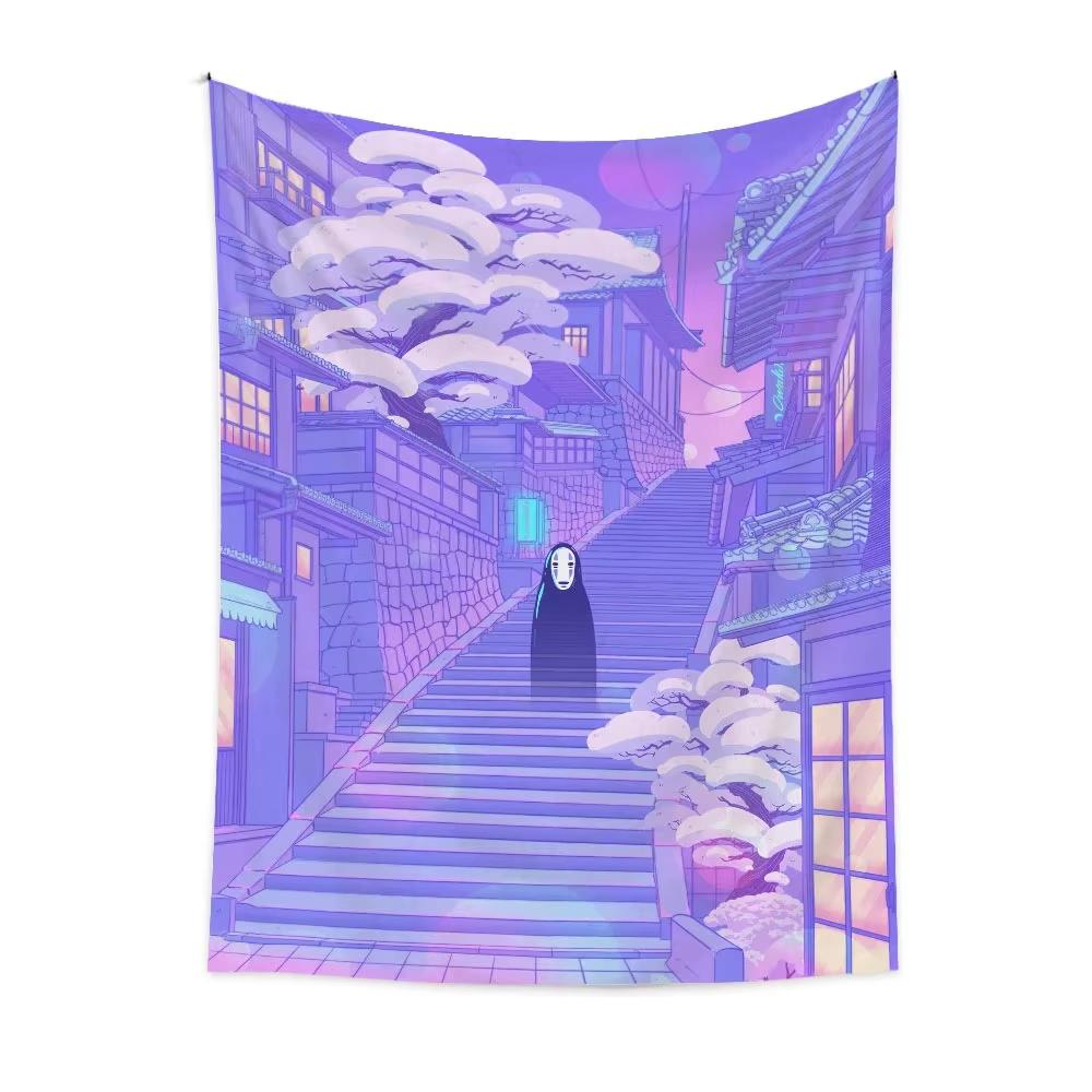 Purple City Architecture Tapestry, Anime Characters Wall Hanging Big Size For Bedside Carpet Bedroom Living Room Decor