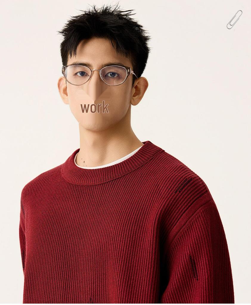 Men's High-End Round Neck Knit Sweater - Black & Red, Warm Autumn/Winter Inner Wear, In Stock with Tags