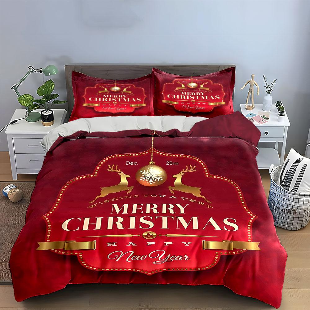 Merry Christmas Red Decoration Bedding Duvet Cover Set Duvet Cover Pillowcases (1*Duvet Cover 2*Pillowcases, without duvet insert)