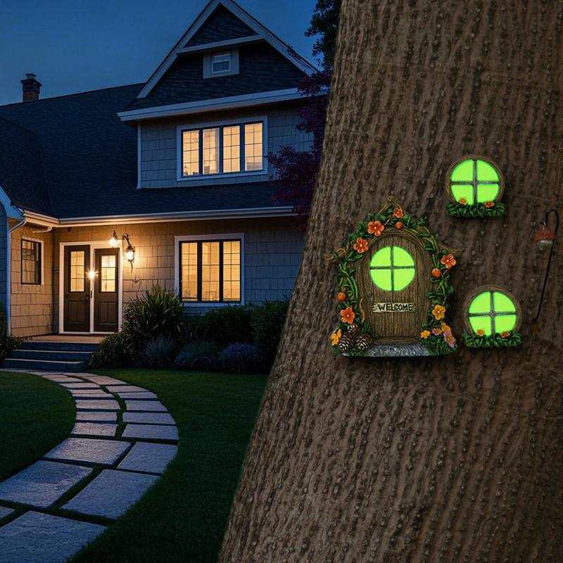 Glow in the Dark Fairy Door Windows Lantern Kit for Trees DIY Miniature Garden Outdoor Home Decor