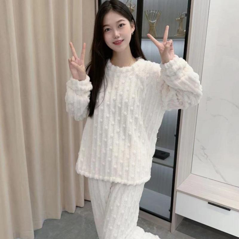 Women's Cute Cartoon Round Neck Flannel Pajamas - Warm Striped Coral Fleece Homewear Set for Autumn and Winter