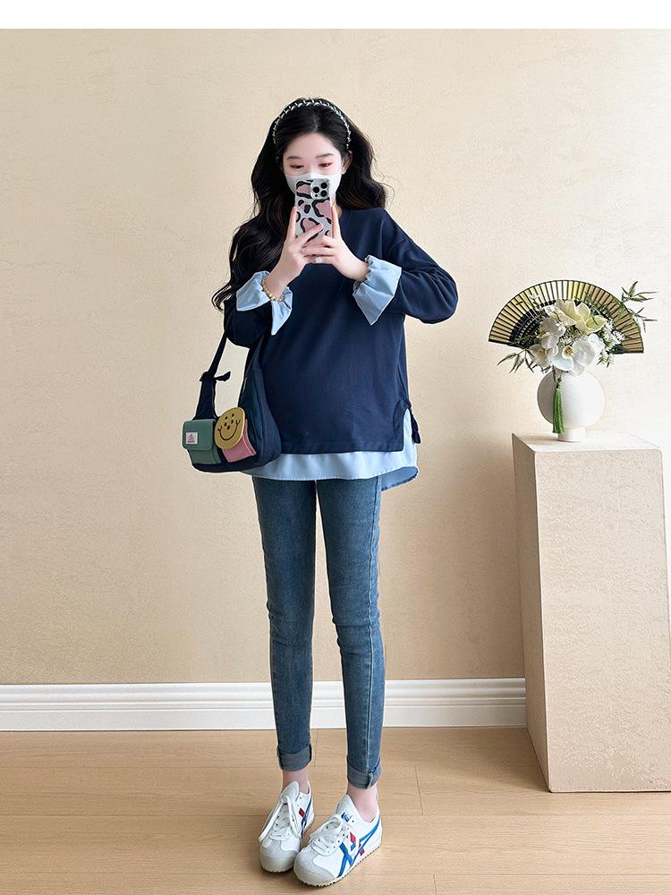Navy Blue Long Sleeve Maternity Top, Spring/Autumn 2025, Plus Size, Fake Two-Piece Design Sweatshirt
