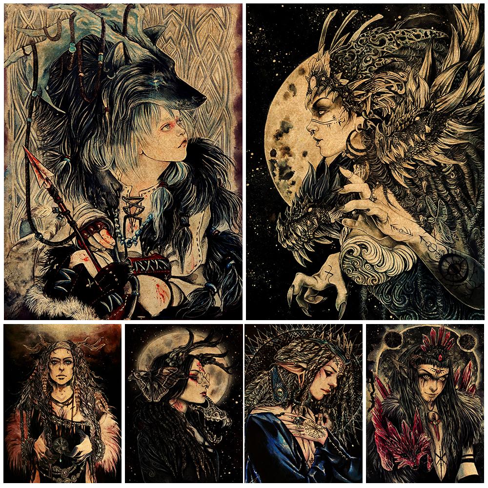 

Скандинавская женщина-воин и проклятая шаманская ведьма Ретро фреска, картина маслом, загадочный языческий плакат