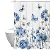 Blue Butterfly Bathroom Set: Shower Curtain, Bath Mat, Toilet Lid Cover, Bathroom Mat & 12 Hooks.
