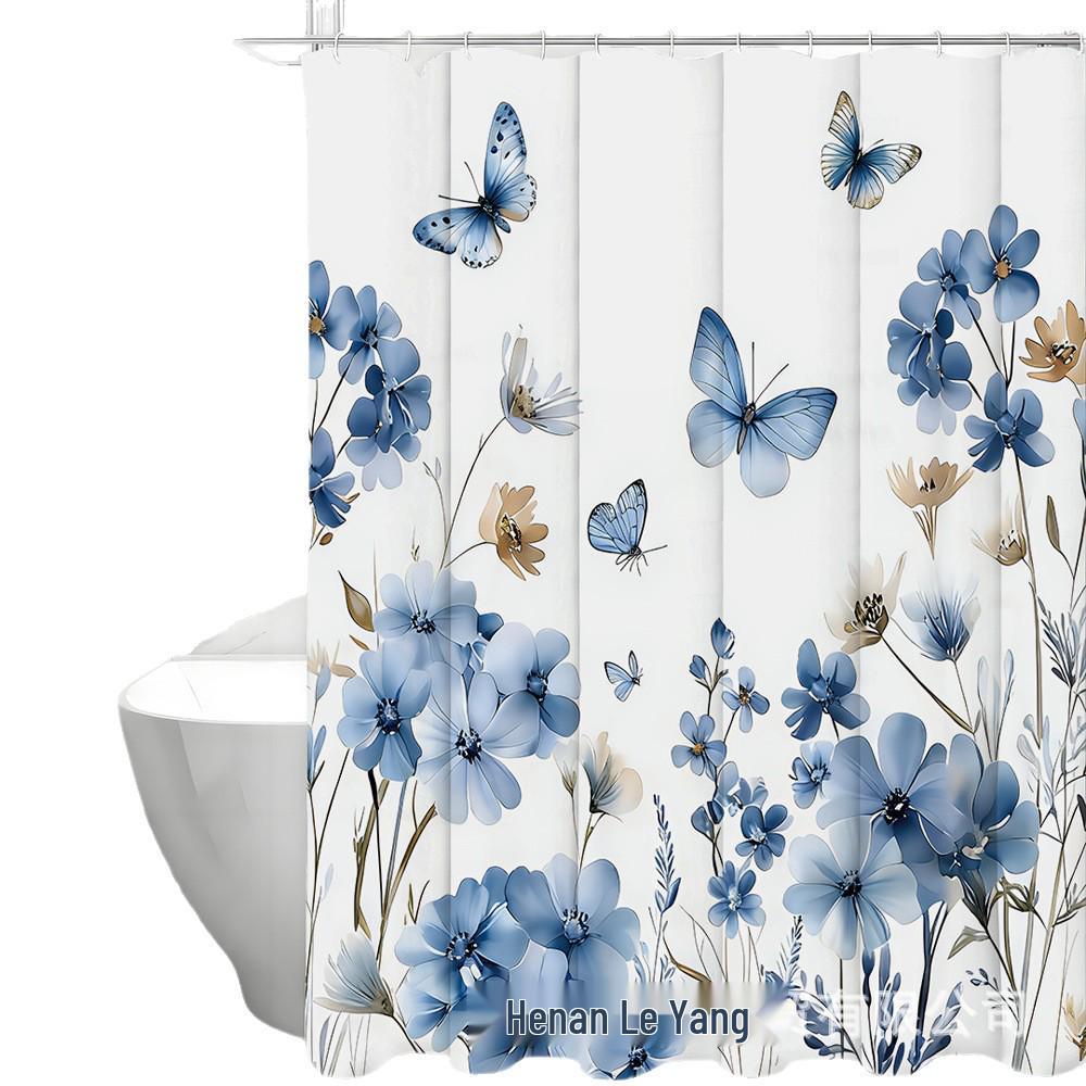Blue Butterfly Bathroom Set: Shower Curtain, Bath Mat, Toilet Lid Cover, Bathroom Mat & 12 Hooks.