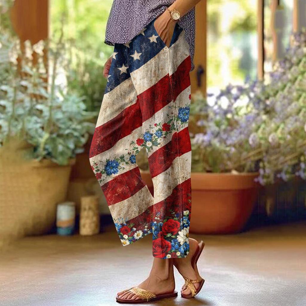 Dámské ležérní módní potištěné kalhoty s rovnými nohavicemi s kapsami