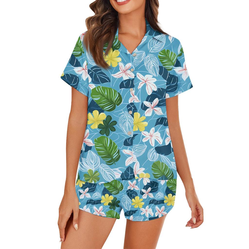 Women's Ice Silk Pajamas Button Homewear Hawaiian Print Short Sleeve Satin Pajama Set