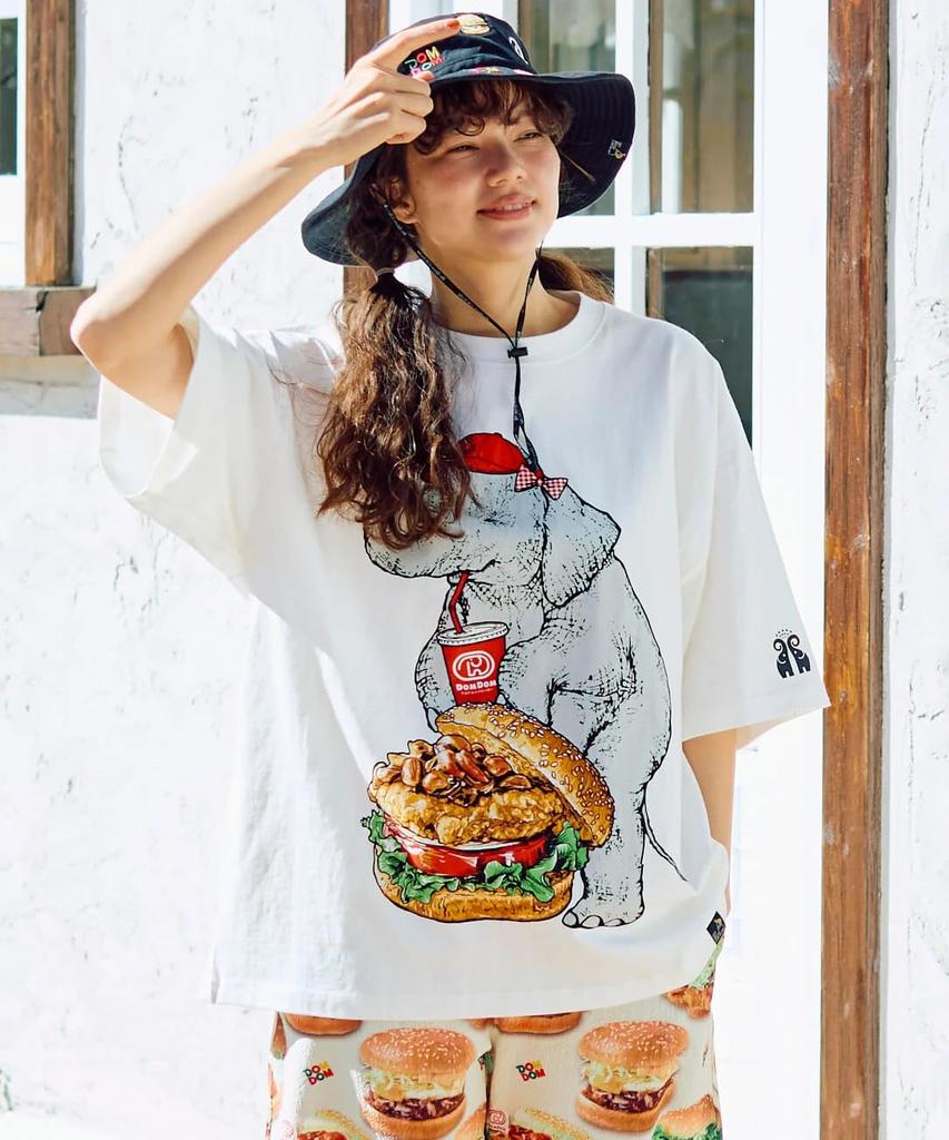 [go Slow Caravan] 341963 DOMDOM×gsc Miso Peach Chicken Burger Elephant BIG TEE White L