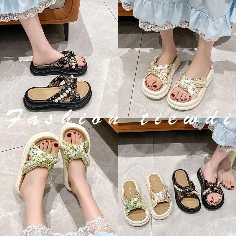 New pearl non-slip cross-platform French one-word slippers 35 белый
