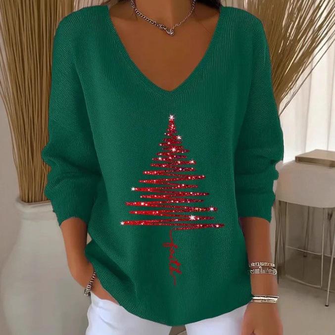 2025 3D Print V-Neck Drop Shoulder Christmas Pullover for Women
