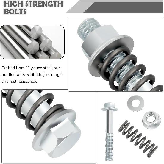 2PCS M10X1.25 Exhaust Manifold Bolts,Heavy Duty Exhaust Bolts And Nuts Kit With Springs For Muffler System Repairing,Universal Muffler Studs