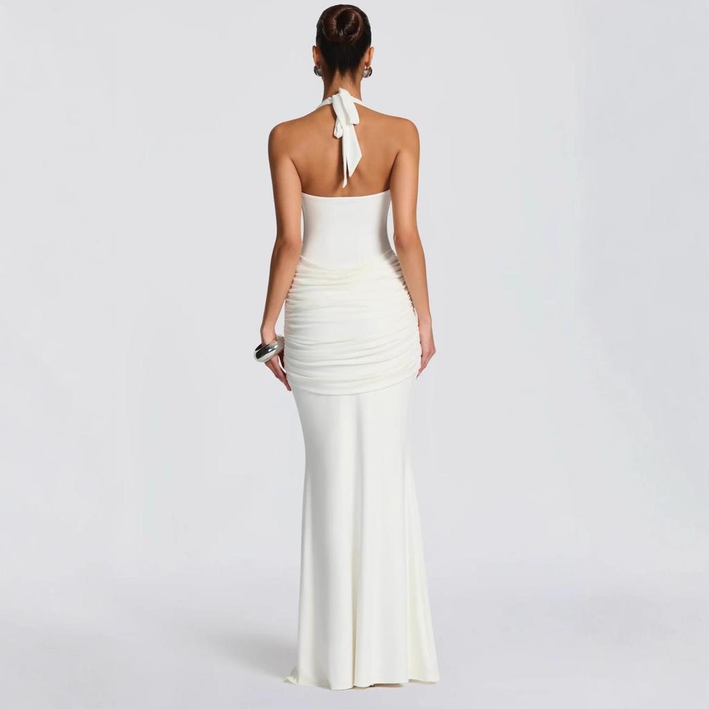 2025 Women's European & American Style Spliced Strappy Long Slim Fit Halterneck Formal Dress