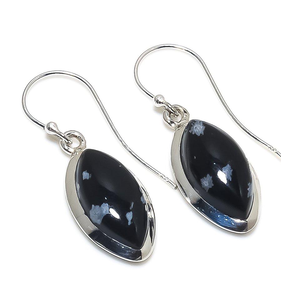 Natural Snowflake Obsidian Gemstone 925 Solid Sterling Silver Earring 1.50" E6j88
