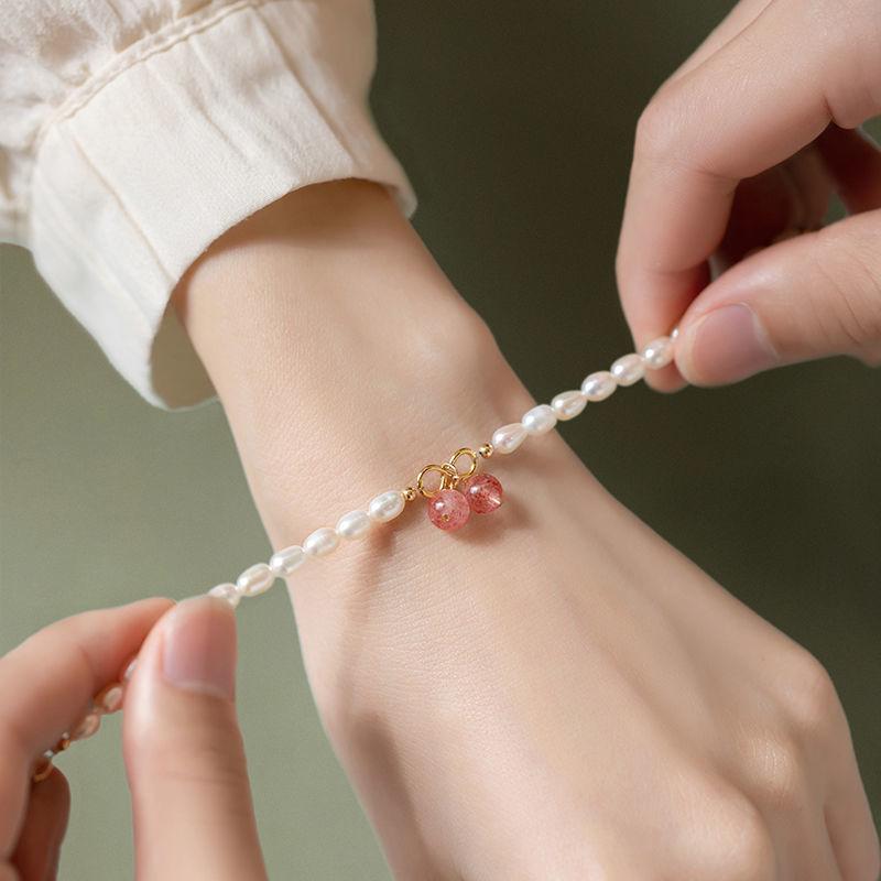 Bracelet en Cristal de Fraise Naturel & Jade de Birmanie avec Zircon - Nouveau Style Chinois 2025 pour Femmes