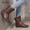 Size 36-42 Autumn Women Leather Short Boots Slip on Pleated Round Toe Low Heel Women's Boots Botines Para Mujeres Botas