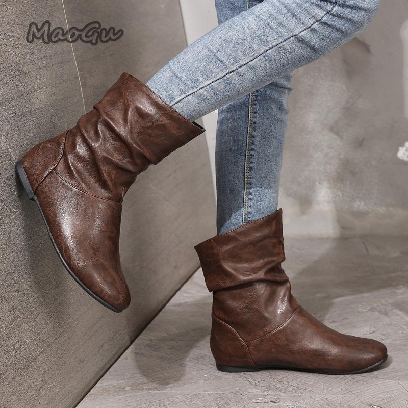 Size 36-42 Autumn Women Leather Short Boots Slip on Pleated Round Toe Low Heel Women's Boots Botines Para Mujeres Botas