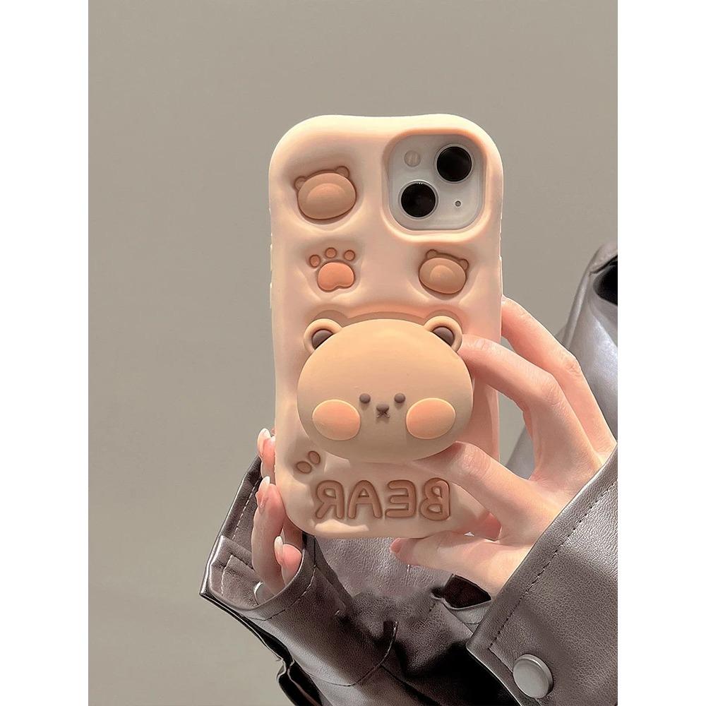 Lovely 3D Bear Hidden Holder Stand Silicone Phone Case For iPhone 11 12 13 14 15 16 Pro Max XS XR X 7 8 Plus Cute Girl Cover