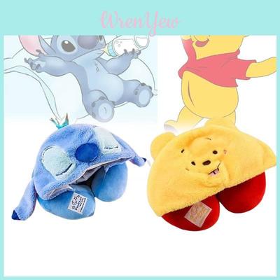 Soft Polyester Fiber Car Neck Pillow Travel Hooded Neck Cushion Cute U-shaped Plush Toy For Adults Yellow Winnie The Pooh Blue Stitch