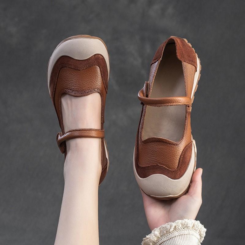 Johnature Commuter Genuine Leather Flats Casual Round Toe Soft Soled Shallow Versatile Women's Shoes