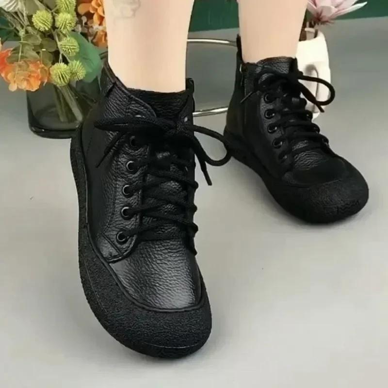 New Cow Leather Ankle Boots Women's Laced Up Waterproof Shoes Ladies Wide Fit Short Boots Woman Oxfors Shoes Brown Booties