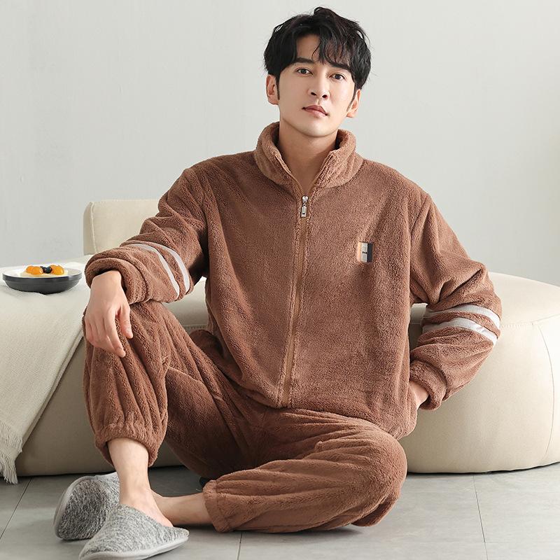Korallenfleece Pyjama Herren Herbst und Winter Fleece Verdickt Warm Herren Flanell Winter Große Größe Loungewear Set