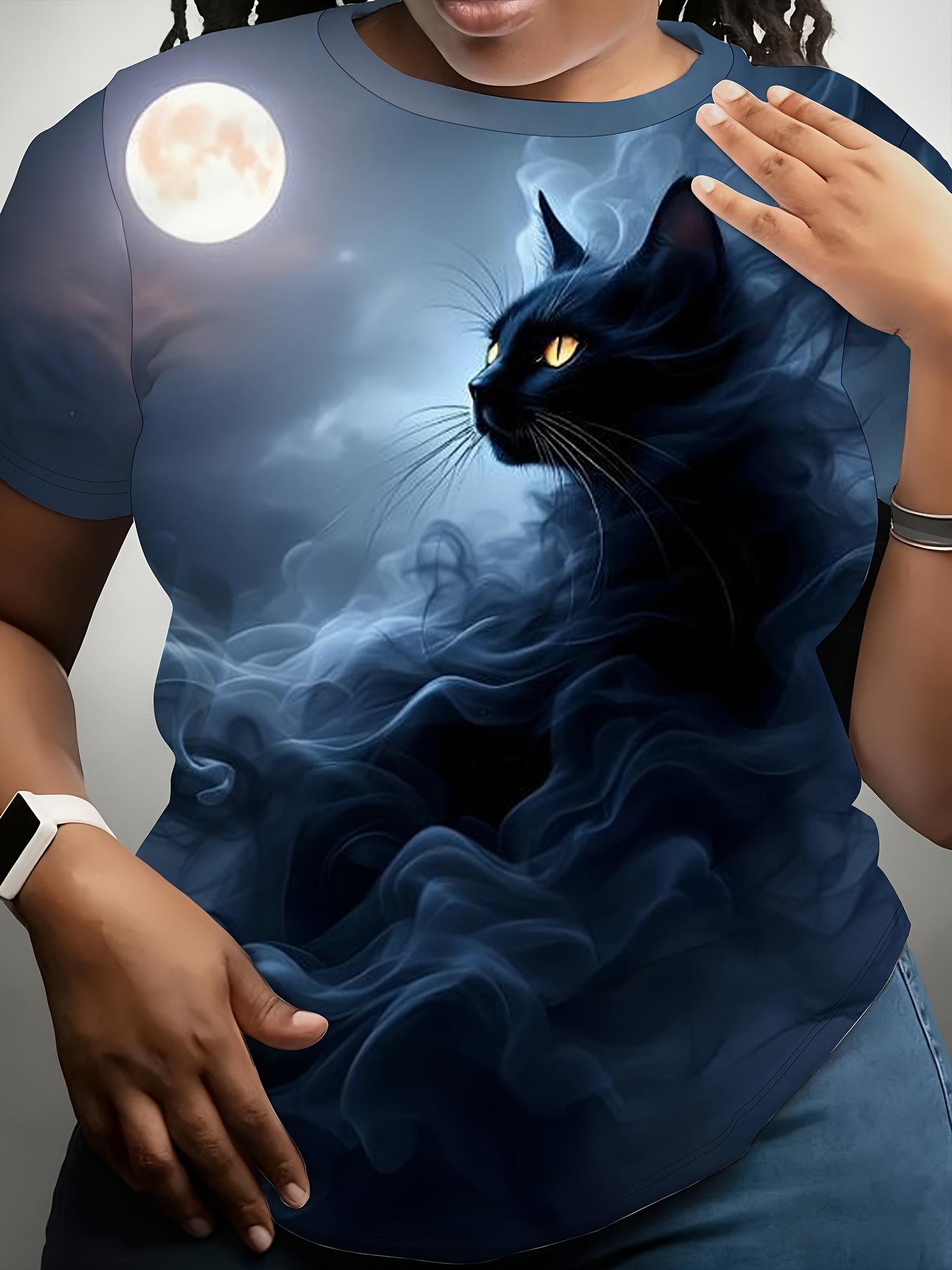 

Women s Digital Print Short-sleeve Shirt. Artistic Style ;Moonlight Black Cat; Themed Printed Short-sleeve T-shirt. Mysterious and Top. Featuring a Sc S дубильна кора