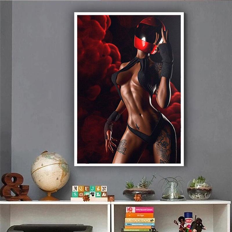Sexy Tattooed Nude Girl Canvas Painting Poster and Prints Modern Girl Helmet Wall Art Picture Cuadros Home Decoration Room Decor
