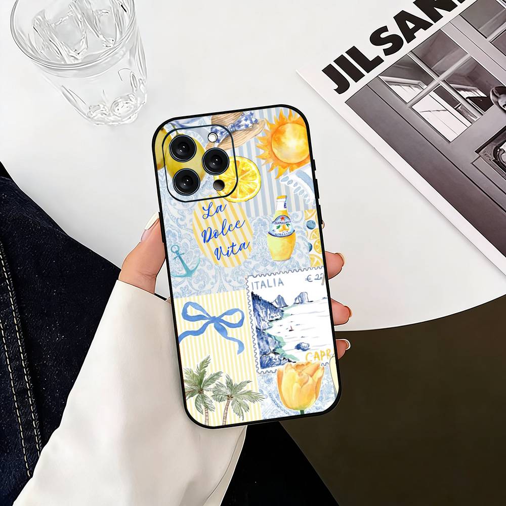 Ocean Wine Glass Lemon Phone Case For iPhone 17, 16,15,14,13,12,11 Plus,Pro Max, Others Soft Black Cover