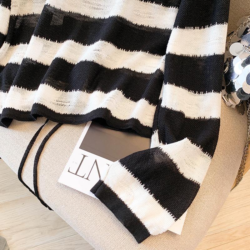 Sunscreen casual contrasting striped long-sleeved t-shirt knitted thin top trendy