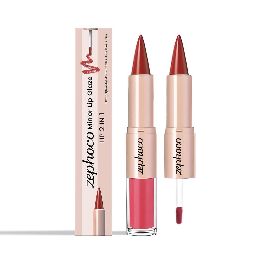 Zephoco Zweifarbiger Spiegel-Lipgloss - Feuchtigkeitsspendend, Seidiges Rotbraun & Nude-Rosa