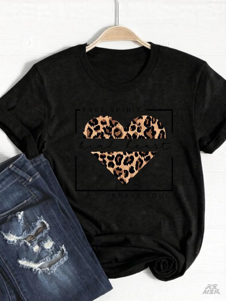Tee Basic Clothing Women Clothes Print T Shirt Leopard Love Heart Trend Cute Summer Top Fashion Short Sleeve Graphic Tshirt
