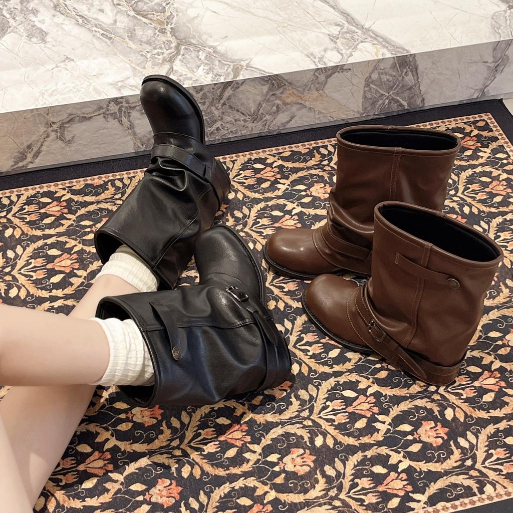 Autumn Winter Women Western Cowboy Boots Fashion Belt Buckle Thick Heel Shoes Ladies Vintage Pleated Short Booties
