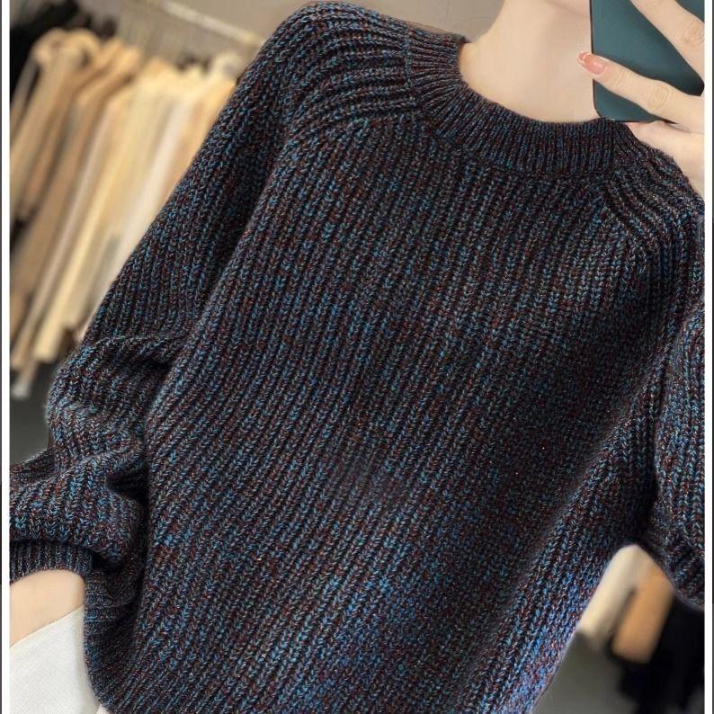 Women's Autumn & Winter Lazy Style Starry Shimmer Thickened Crew Neck Sweater Heavyweight Loose Knit Base Layer Top