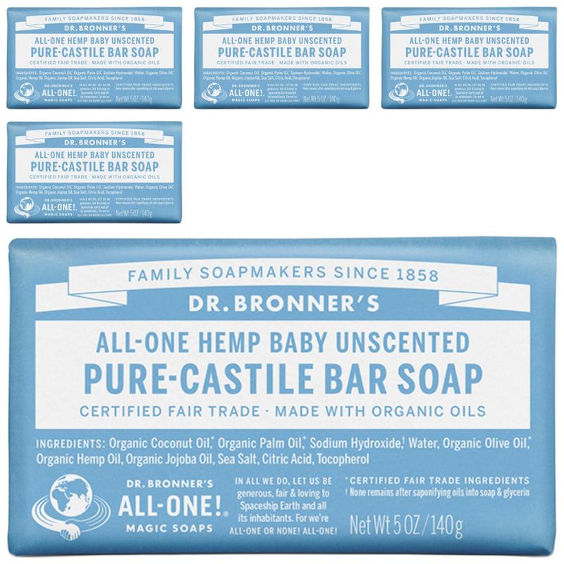Dr. Bronner's Baby Mild Pure Castile Bar Soap Unscented, 140g, 5 Pcs
