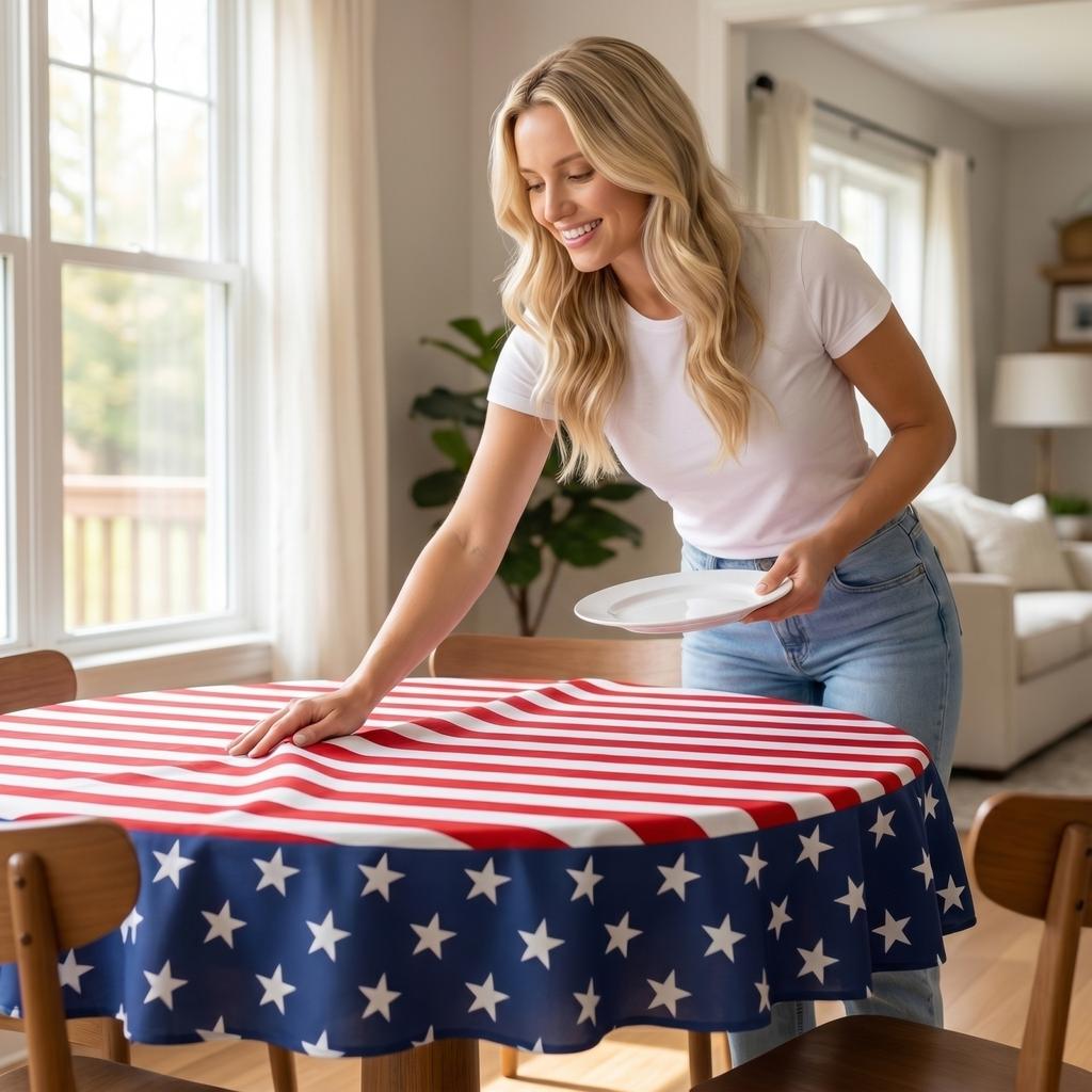 Round Tablecloth Washable Stain Resistant Durable Fabric Suitable for Home Dining Room Party Events and Outdoor Use with Star and Stripe Pattern
