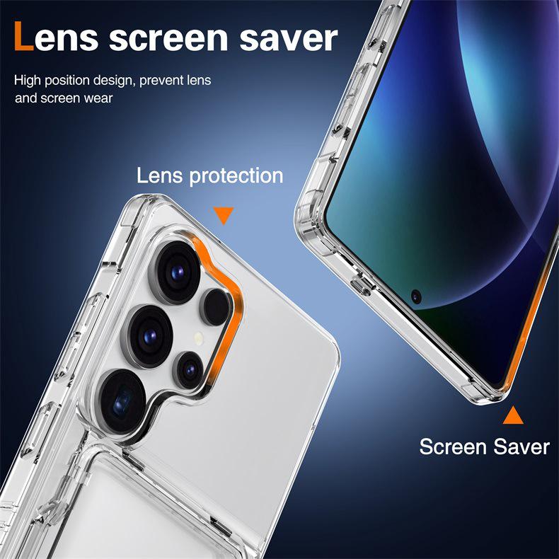 Samsung Galaxy S25 Ultra Transparent Flip Phone Case with Card Holder and Drop-proof Protection.